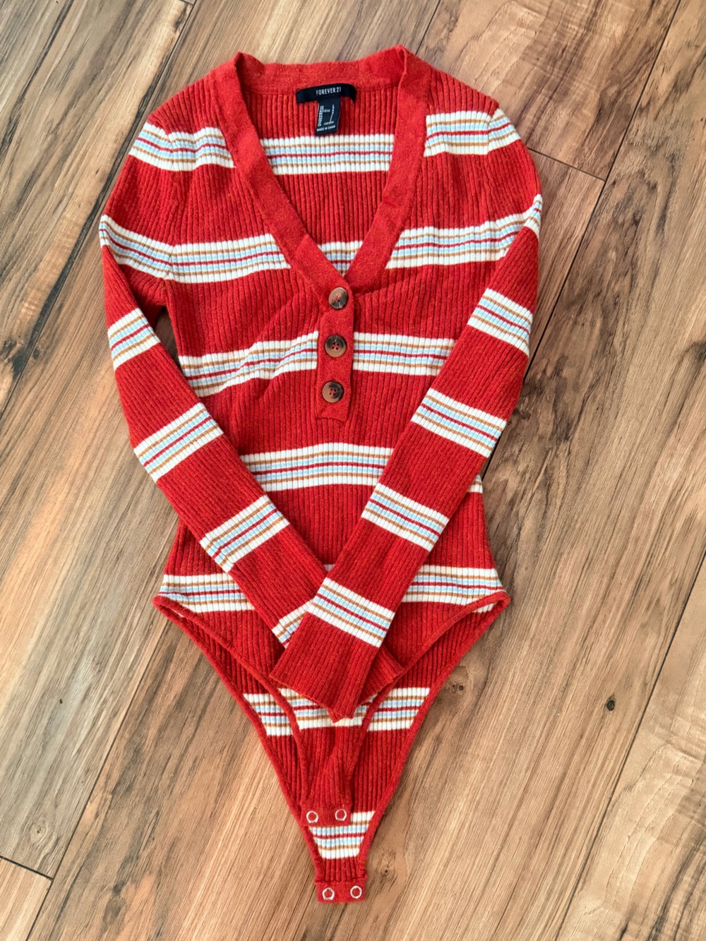 Red Striped Knit Button-Up Top
